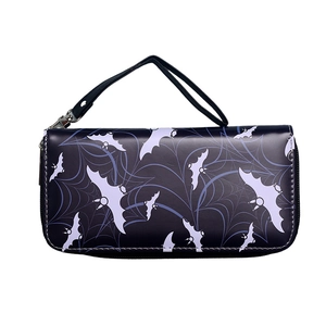 Vintage Halloween long wallet with purple bat and spider web patterns on black faux leather