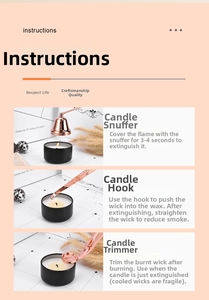 Instructions for using rose gold candle snuffer, wick trimmer, and dipper set