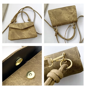 Détails du sac bandoulière marron jaune avec fermoir magnétique et boucles dorées
