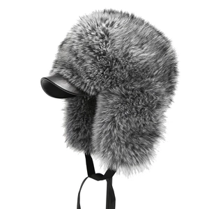 Winter thermal trapper hat with grey faux fur, leather brim and warm earflaps
