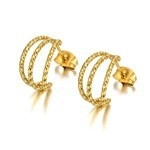Triple layer gold plated stainless steel hoop earrings with textured finish for women