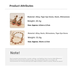 Detailed size specifications for vintage resin flower and tiger eye stone jewelry set