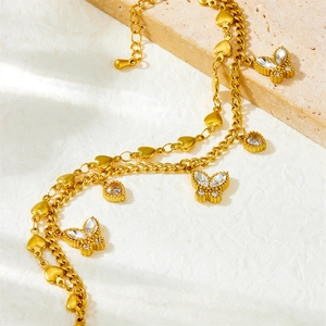 Double-layered gold-plated stainless steel bracelet with crystal butterfly and heart charms