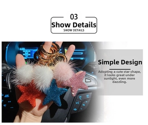 Detail showing plush star keychains with shimmering rhinestones and soft faux fur pom-poms