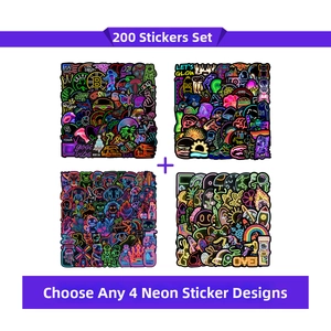 Macro detail of 200 waterproof neon graffiti stickers for laptops with diverse pop icons