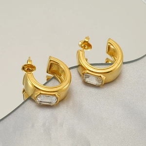 Chic 18k gold plated stainless steel C-shape earrings with emerald-cut cubic zirconia