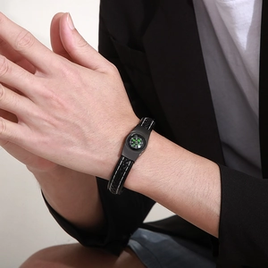 Men's black braided leather bracelet with built-in compass for outdoor survival
