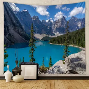 Nature Mountain Lake Landscape Tapestry Polyester Wall Hanging Decorative Blanket For Living Room Bedroom