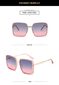Vistas frontal y lateral de gafas de sol cuadradas degradadas rosa y gris con metal dorado