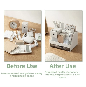 Before and after comparison of desktop organization with white drawer storage box