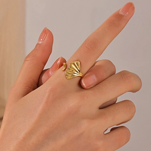 Adjustable gold leaf ring in ginkgo shape, minimalist stainless steel jewelry for women