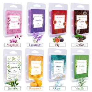 Detail showing 8 packs of natural soy wax melts in floral and fruit scents for gift set