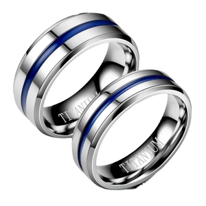 Polished titanium steel couple rings in silver with center blue stripe detail