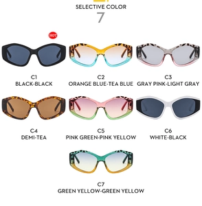 Detailed grid showing seven trendy irregular geometric sunglasses in various vibrant colors