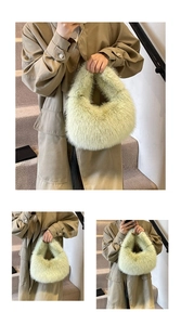 Close-up of a premium light green fluffy faux fur handbag with plush integrated handle
