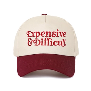 Detailed embroidery of Expensive & Difficult text on two-tone vintage five-panel baseball cap