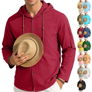 Close-up of men's cotton hooded shirt showing button placket and breathable fabric texture