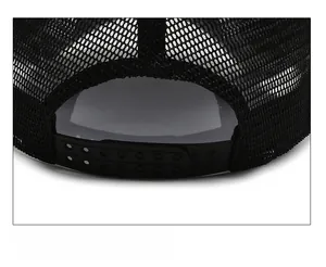 Close-up of breathable mesh back and adjustable snapback closure on a black trucker hat