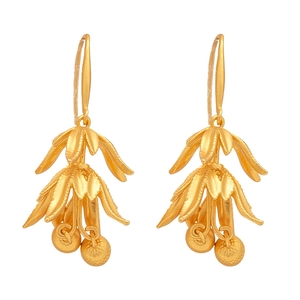 Vintage matte gold plated leaf and berry drop earrings with organic brushed metal finish