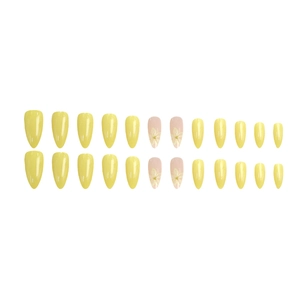Set of 24 almond-shaped yellow and pink press-on nails with white 3D floral accents