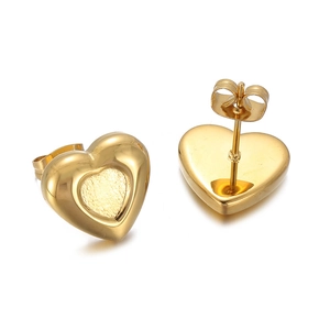 Detailed view of gold heart stud earrings showing both polished front and secure back closure