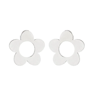 Close-up of silver stainless steel flower stud earrings with a hollow center design