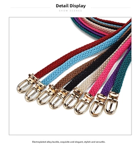 Detail of woven thin belts with electroplated alloy buckles in multiple colors for dresses