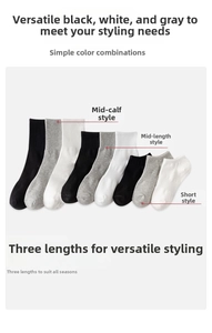Detailed comparison of breathable cotton socks in black, white, and grey with three lengths