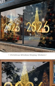 Close-up of golden Merry Christmas window stickers with reindeer and snowflake motifs