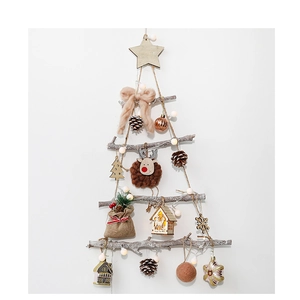 5-tier wooden wall Christmas tree set with stars, pinecones, and rustic ornaments