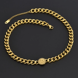 Fashion Smiley Face Jewelry For Women Gold Plated Titanium Steel Cuban Chain Necklace And Bracelet Minimalist