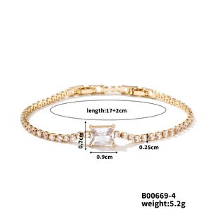 Detailed dimensions of gold square zircon bracelet with length 17+2cm and 5.2g weight