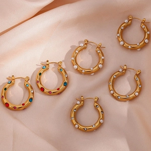 18K Gold Plated Stainless Steel Hoop Earrings Colorful Cubic Zirconia Imitation Artificial Pearl Retro Elegant Fashion Jewelry Women