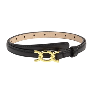 Minimalist black leather belt for women featuring a stylish gold double ring buckle