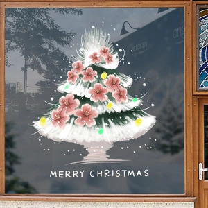 Pink floral Christmas tree static window sticker with Merry Christmas text on glass
