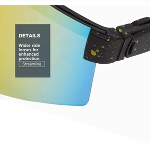 Detail view of streamlined cycling sunglasses with yellow speckled black frame and gradient lens