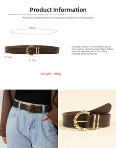 Detail specifications of coffee PU belt with bamboo-style gold buckle for jeans