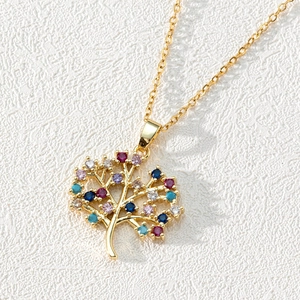 18K gold plated tree of life pendant necklace with multicolored cubic zirconia crystals