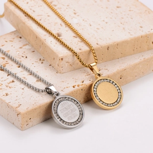 Round Pendant Necklace 304 Stainless Steel 18K Gold Plated Rhinestone Arabic Calligraphy Religious Niche Jewelry