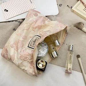 Detail view of jacquard floral toiletry bag with zipper and large capacity for skincare