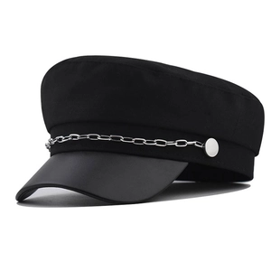 Casquette de Gavroche Vintage pour Femmes en Coton et Cuir PU Patchwork Casquette Militaire Avec Chaîne en Métal Argenté Style Britannique