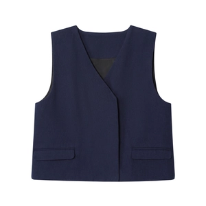 Navy blue V-neck suit vest with double pockets in professional flat lay style