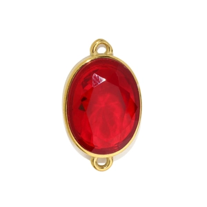 Macro detail of red oval zircon pendant in gold-plated stainless steel frame with loops