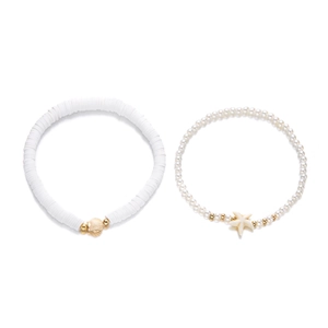 Bohemian gold starfish and shell pearl anklet set with white clay beads for women