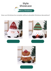 Detailed view of Christmas plush dolls featuring Santa, snowman, and reindeer ornaments
