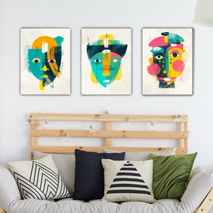 Set of 3 abstract tribal mask art prints in colorful frames for living room wall decor