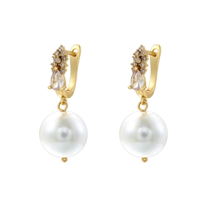 Elegant gold drop earrings with sparkling zircon stones and white round pearls for women