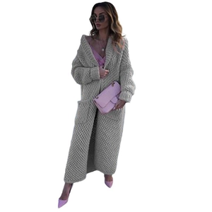 Women's long oversized light grey knit cardigan with lapel collar and side pockets