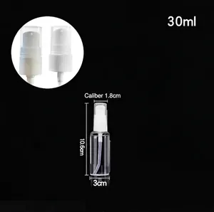 Detailed view of a 30ml PET spray bottle showing nozzle zoom and precise dimensions