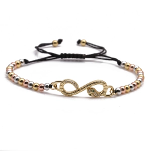 Adjustable woven bracelet with tri-color beads and snake-shaped infinity charm in gold